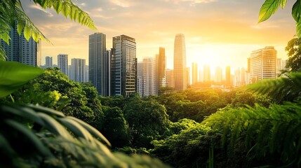 Cityscape merging with lush greenery at sunset