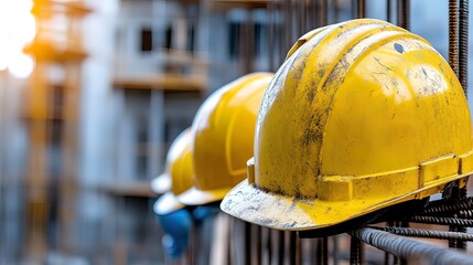 Construction Hard Hats Hanging on Rebar