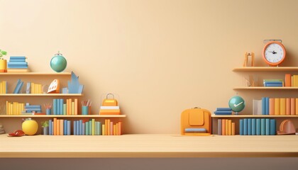 A colorful, stylized bookshelf scene featuring books, globes, and a clock against a muted background. Perfect for educational or cozy home decor themes.