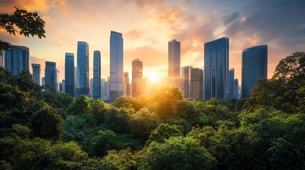 Naklejka premium City skyline at sunset with lush greenery