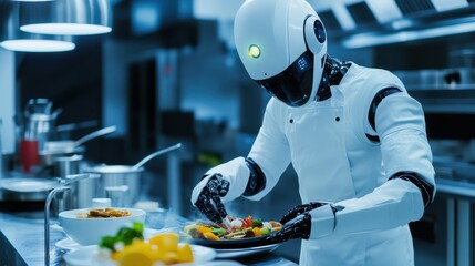 A humanoid robot chef, preparing gourmet dishes with culinary finesse and robotic efficiency, Chef robot style