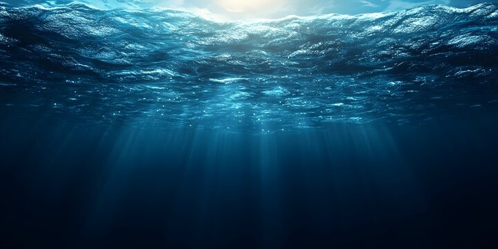 A serene underwater scene showcasing vibrant blue ocean water illuminated by sunlight filtering through the surface, creating shimmering patterns.