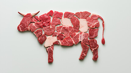 Meat Cow: A  unique and eye-catching image of a cow silhouette, crafted entirely from various cuts of raw meat.  The image is a powerful visual representation of the source of our food.
