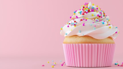 Delicious Cupcake with Colorful Sprinkles on Pink Background