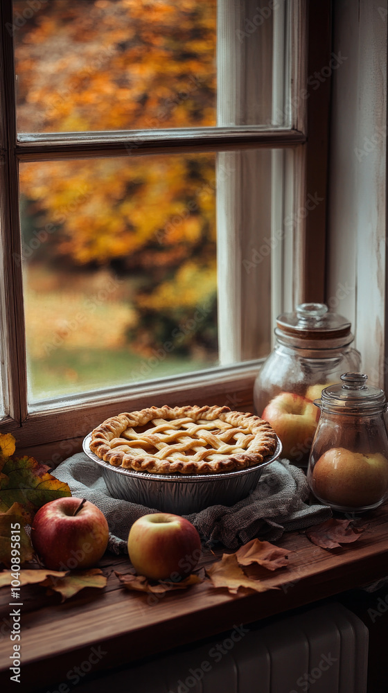 Poster a pie is sitting on a table next to a window with apples and leaves. the pie is a pumpkin pie and th