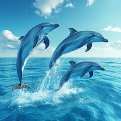 Fototapeta premium Three playful dolphins leap gracefully above the shimmering ocean, creating splashes in the vibrant blue water under a clear sky.