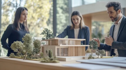 Three people discussing a scale model of a modern home.