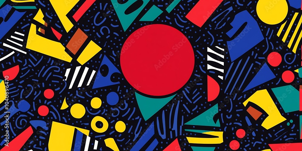 Poster a pattern of abstract shapes and lines,featuring bold geometric patterns and vibrant color palettes