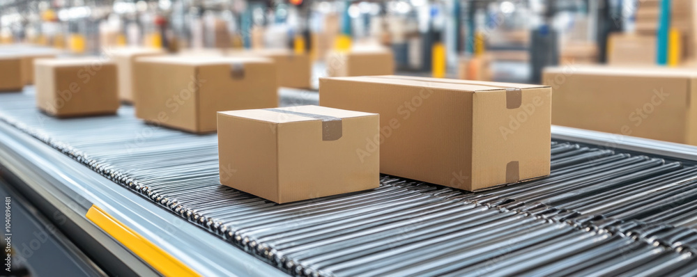 Poster a conveyor belt with several brown boxes on it. the boxes are lined up and appear to be in the proce