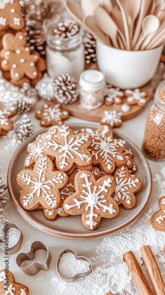 Poster a plate of cookies with snowflakes on them is on a table. the cookies are decorated with white icing