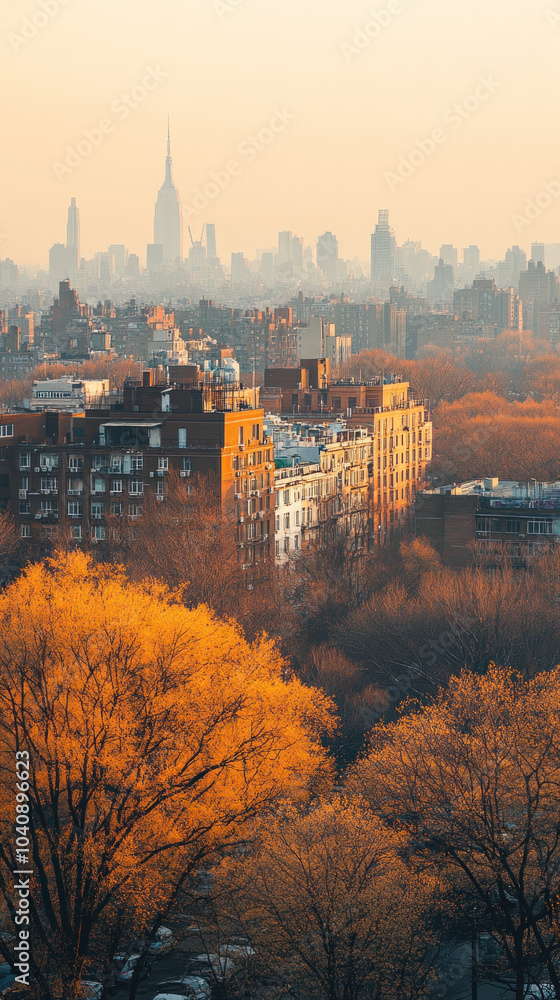 Poster a city skyline with a large building in the background. the sky is hazy and the trees are orange