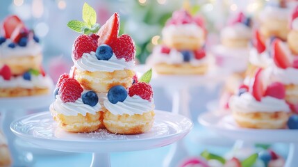 Colorful Mini Cakes with Fresh Berries and Whipped Cream