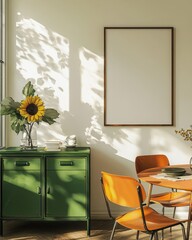 Bright Dining Room with Sunflower and Green Cabinet