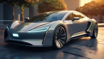Naklejka premium A sleek, futuristic sports car glistens in the sunlight, showcasing advanced design and cutting-edge technology in an urban environment.
