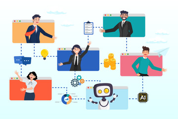 Office workflow diagram, working process, organization chart or corporate flowchart, task management, innovation working with AI artificial intelligence concept, business people on office workflow