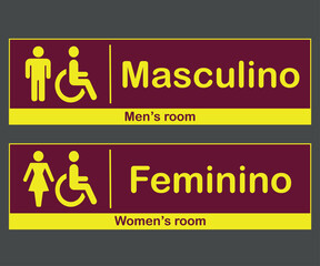 Placas Banheiro Horizontais Homem e Mulher, com Tradu&ccedil;&atilde;o em Ingl&ecirc;s. Gren&aacute; e Amarelo.