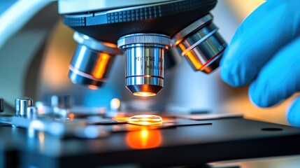 Scientific analysis: capturing lab scientist intently looking through microscope, meticulously studying intricate specimens, importance of detailed investigation, discovery in laboratory settings.