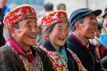 Three people wearing traditional clothing and smiling at the camera.