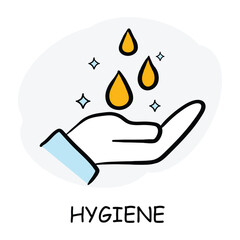 Vector icon for hygiene. Hands with soap droplets in hand-drawn style, symbolizing cleanliness and personal care.