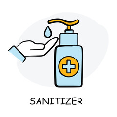 Vector icon for hand sanitizer. Pump bottle with sanitizer drops, symbolizing hygiene.