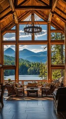 Fototapeta premium Luxury Adirondack Interior Design with Scenic Lake View
