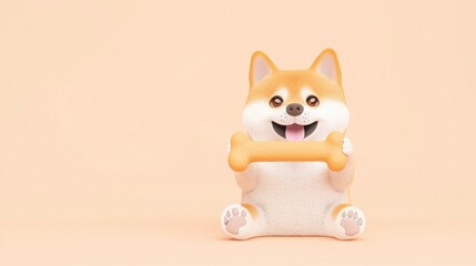 Obraz premium A cute, smiling Shiba Inu toy holds a yellow bone, set against a soft peach background, evoking playfulness and joy.
