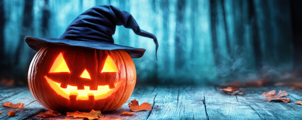 Obraz premium A pumpkin with a witch's hat on top and a lit candle inside. The pumpkin is placed on a wooden surface with leaves scattered around it. The image conveys a spooky and festive mood
