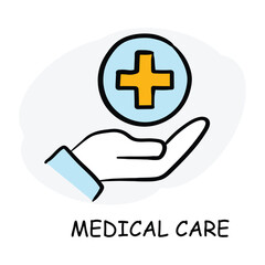 Vector icon for medical care. Hand holding a cross symbol, depicting patient support.