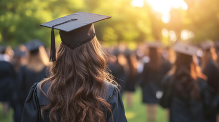 proud graduating girl stands with her back to the camera, wearing a cap and gown. The moment symbolizes achievement, hope, and new beginnings as she embarks on her future journey
