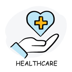 Vector icon for healthcare. Hand holding a heart with a medical cross, in hand-drawn style with light blue and orange colors.