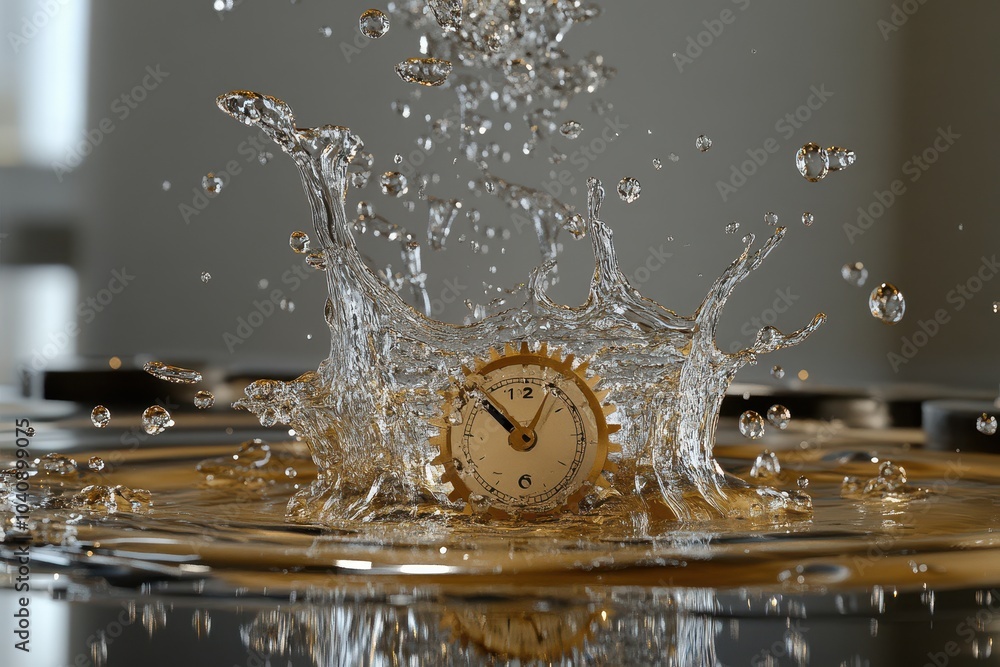 Poster a clock is floating in a splash of water