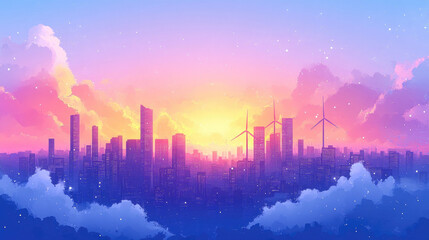 Fototapeta premium At sunrise, high-rise buildings and wind turbines in the city