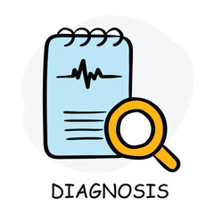 Vector icon for diagnosis. Medical report with a magnifying glass, symbolizing health analysis and problem identification.