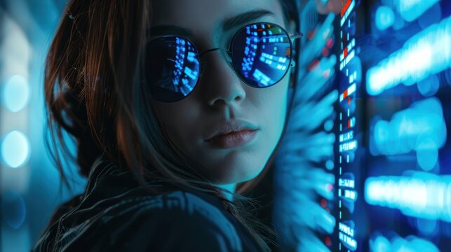 Female hacker in sunglasses on blue digital background, AI generated image
