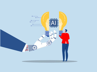 Businessman stand with light bulb sign creative then helping robbot hand put half of ai chip Artificial Intelligence for bright solution job and career path concept vector