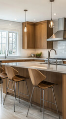 modern honey oak cabinets in a transitional kitchen