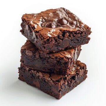 Three stacked chocolate brownies with visible chunks of chocolate pieces on top and a rich,