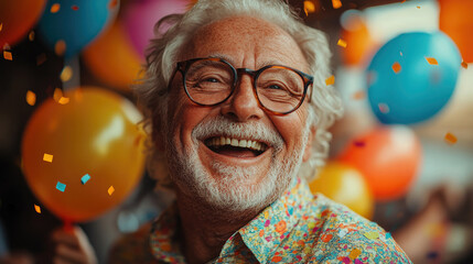 The elderly person wearing glasses laughed happily