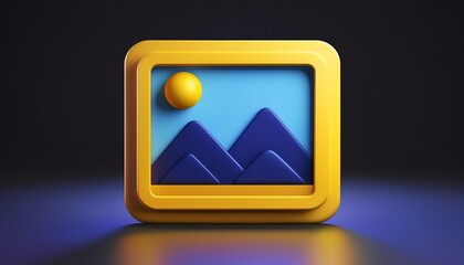Fototapeta premium A colorful, 3D icon of a landscape featuring a yellow frame, a sun, and stylized mountains against a blue background, set in a dark environment.