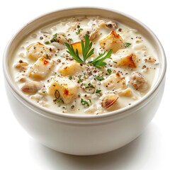A white bowl filled with a creamy chowder soup garnished with nuts, herbs, and cilantro.