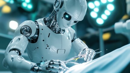 Fototapeta premium A humanoid robot designed for medical assistance, performing surgeries with precision and care, Medical robot style