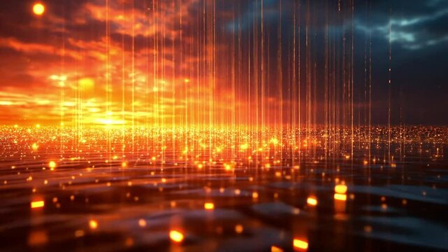 A vibrant digital landscape with glowing particles resembling a sunset or fire rain footage