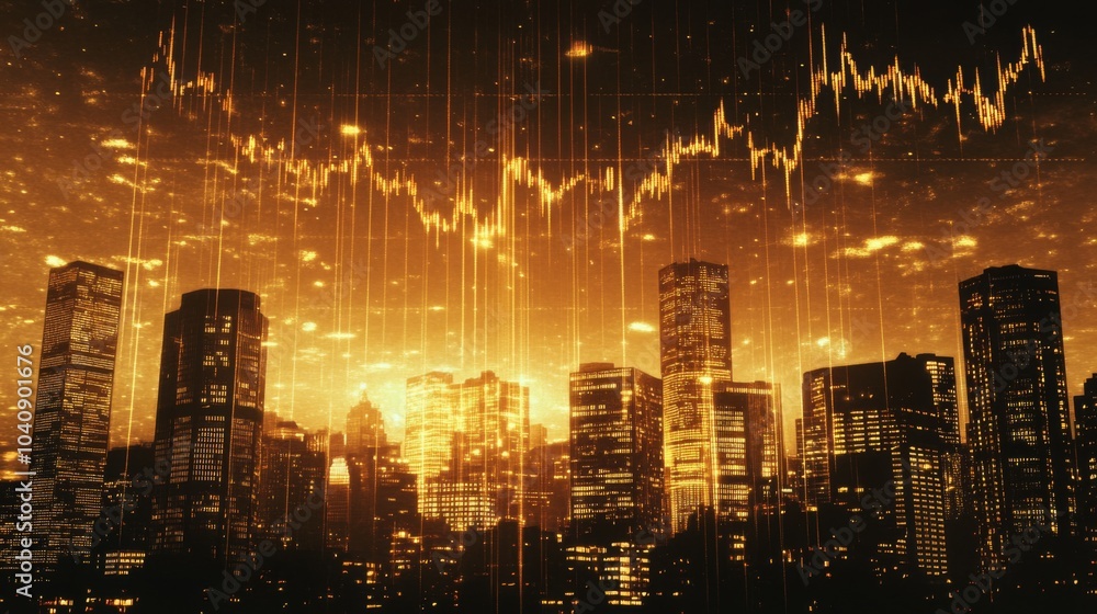 Poster urban skyline with dynamic financial graph analysis