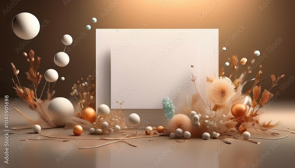 Aufkleber a minimalistic art frame surrounded by decorative elements and spheres in soft tones, creating a ser