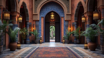 Obraz premium Elegant hallway with intricate architecture and lush greenery.