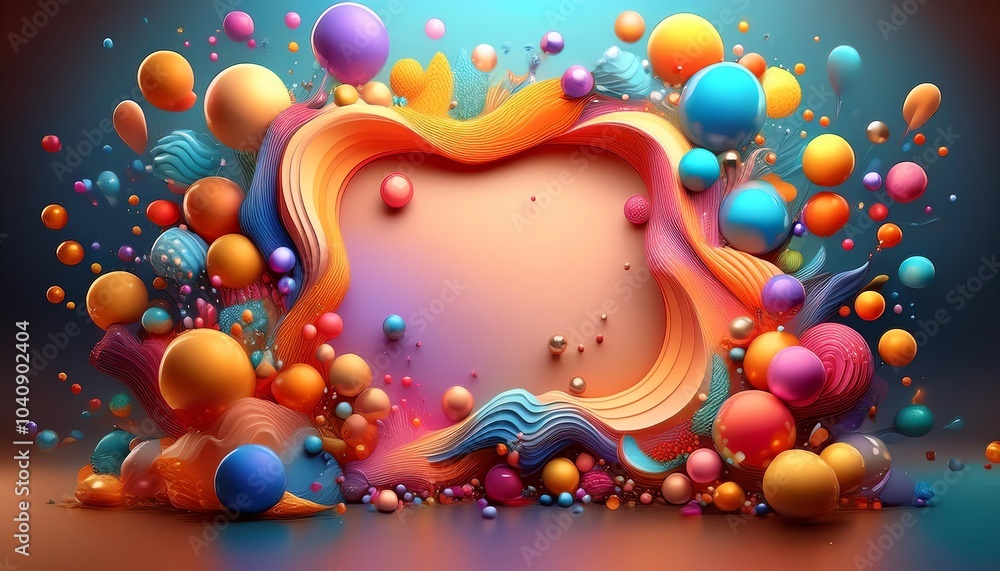 Poster a vibrant, abstract composition featuring colorful spheres and flowing shapes, creating a dynamic an