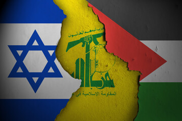Hezbollah, Israel and Palestine painted flags on a wall with a crack