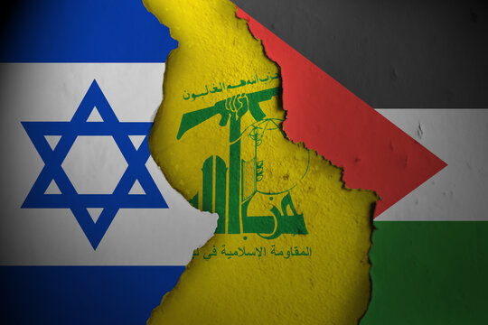 Hezbollah, Israel and Palestine painted flags on a wall with a crack