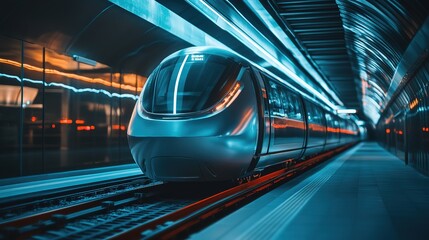 Nighttime view of a sleek train navigating urban tracks surrounded by illuminated skyscrapers in a bustling city