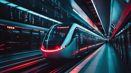 Fototapeta premium Nighttime view of a sleek train navigating urban tracks surrounded by illuminated skyscrapers in a bustling city